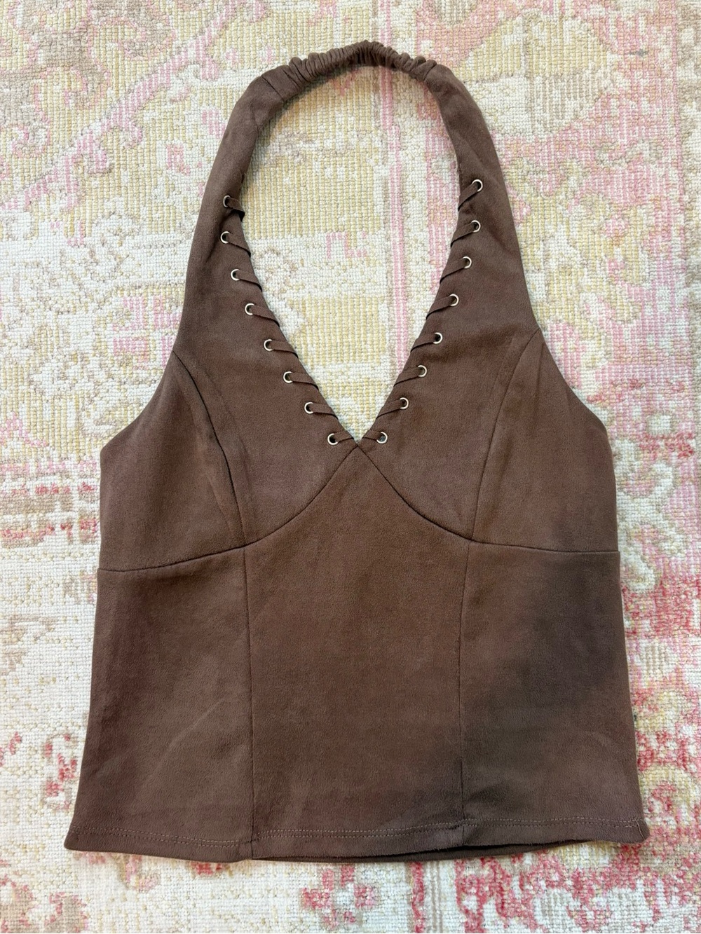 Brown Halter Lace-Up Suede-Look Women’s Top